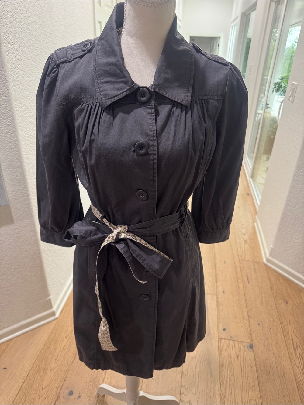 Charcoal Button-Front Trench Coat with Tie Waist Cotton - Size M